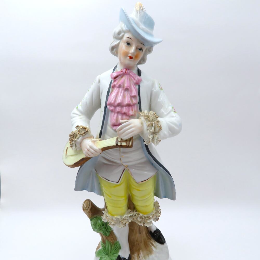 Vintage Porcelain Gentleman Musician Figurine Colonial Rococo Style Taiwan 11"